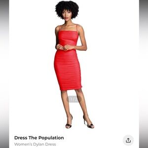 Dress the Population Dylan Dress Red Ruched Midi Size L NWT